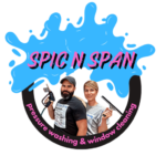 "Spic N Span transparent logo featuring a man and woman holding cleaning tools, representing pressure washing and window cleaning services."