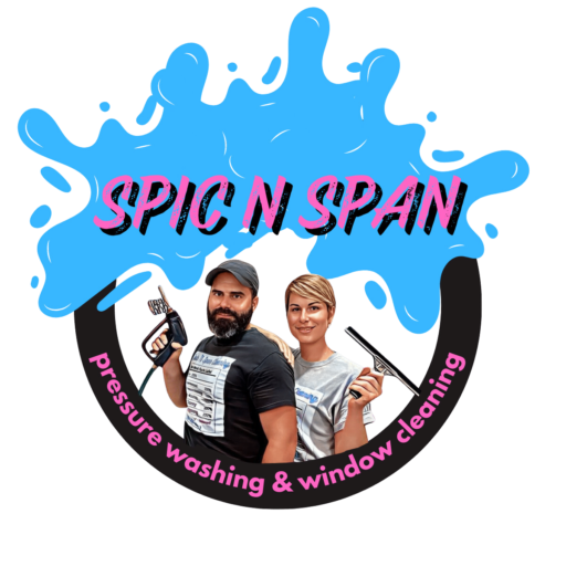 "Spic N Span transparent logo featuring a man and woman holding cleaning tools, representing pressure washing and window cleaning services."