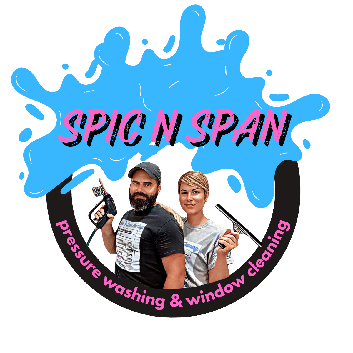 "Spic N Span transparent logo featuring a man and woman holding cleaning tools, representing pressure washing and window cleaning services."